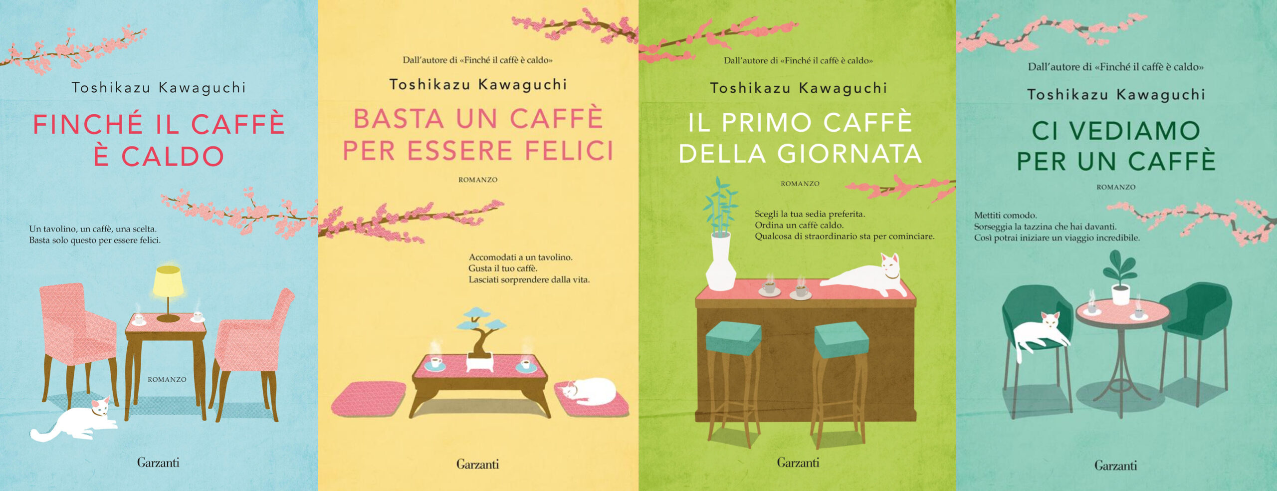 copertine libri Finchè il caffè è caldo, basta un caffè per essere felici, il primo caffè della giornata, ci vediamo per un caffè