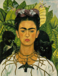 Frida Kahlo: autoritratto con collana di spine. https://www.singulart.com/blog/wp-content/uploads/2019/10/Self-Portrait-with-Thorn-Necklace-and-Hummingbird-Frida-Kahlo.jpg 