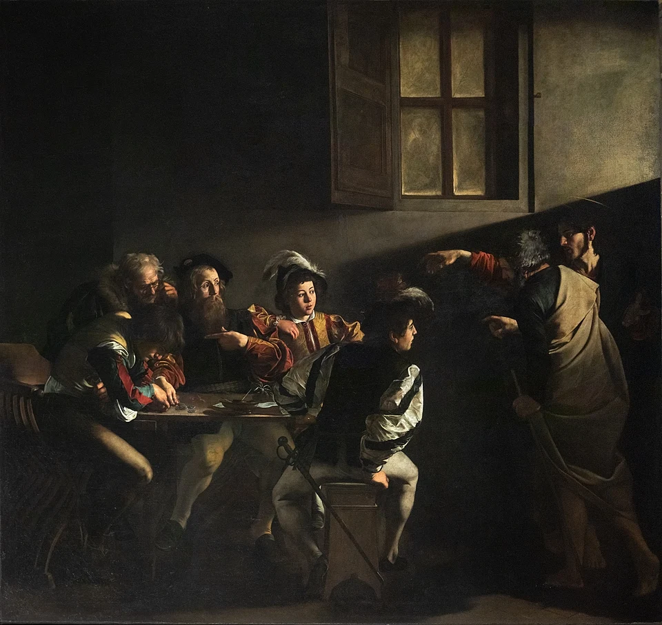 Vocazione di san Matteo, Caravaggio, olio su tela, 322x240, Cappella Contarelli, Chiesa di San Luigi dei Francesi, Roma